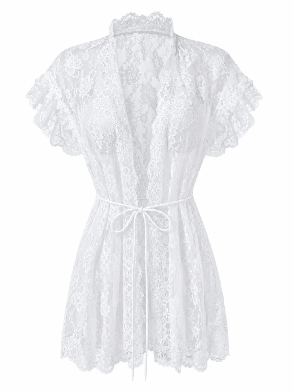 White Floral Lace Robe Ruffle Trim Sheer Short Sleeve Bridal Lingerie Romance OS